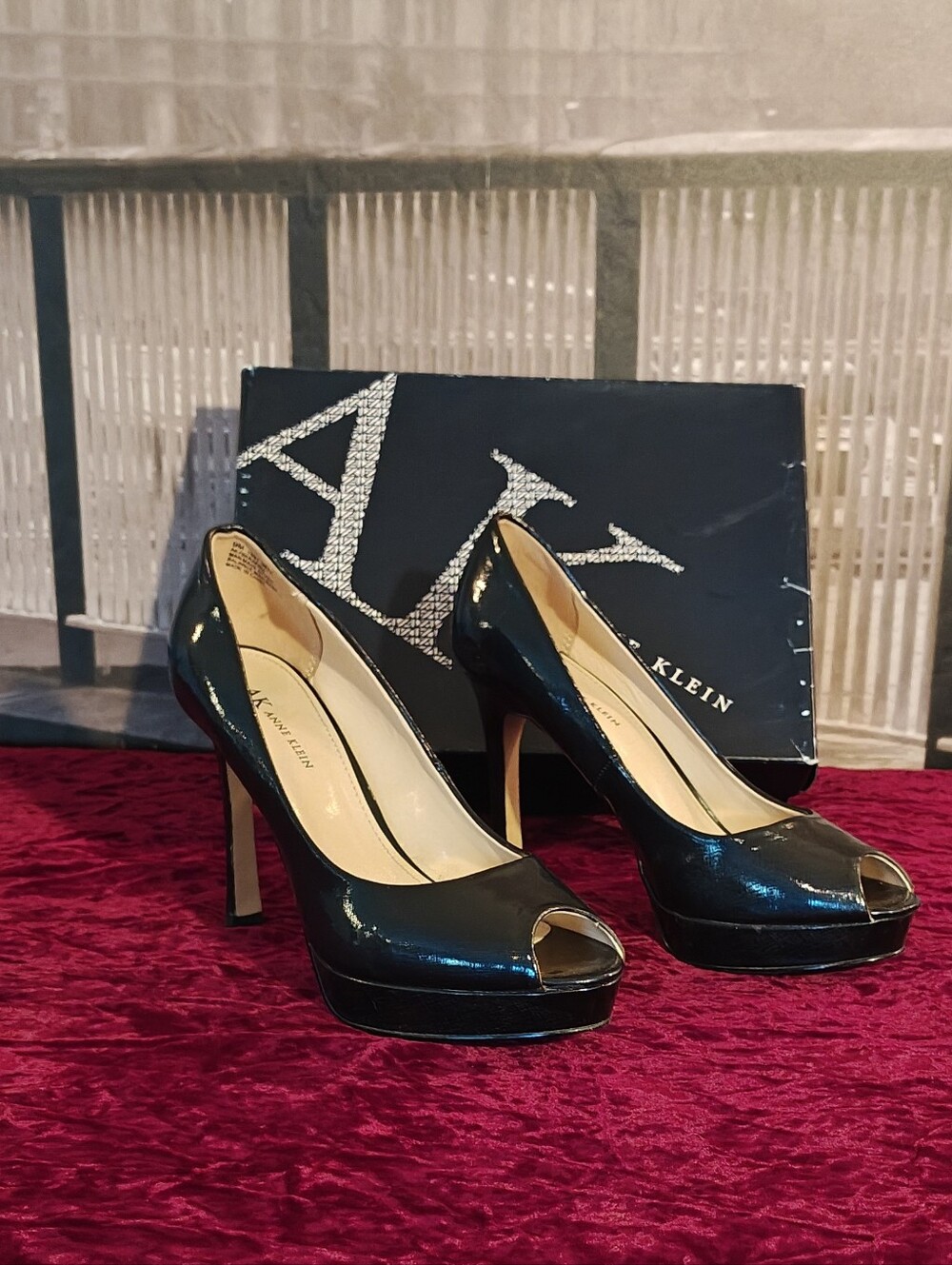 Anne Klein Navy Blue Patent Peep-Toe Heels
